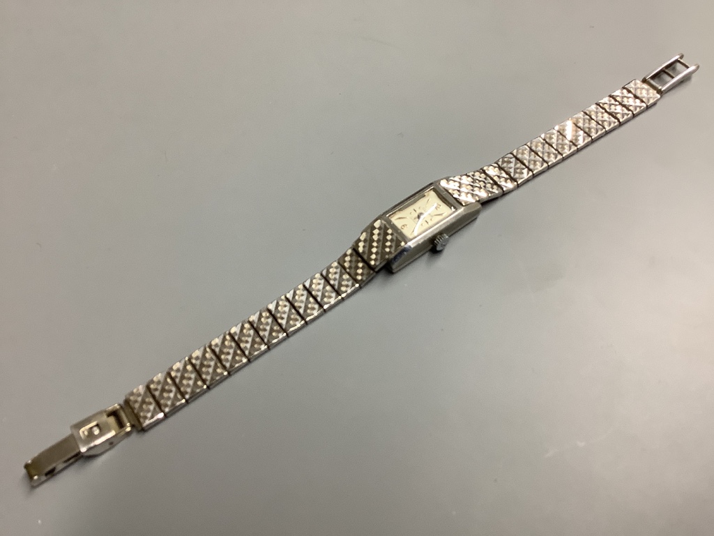 A lady's 1960's 9ct white gold Clear manual wind cocktail wrist watch, on a 9ct white gold bracelet, overall 17cm